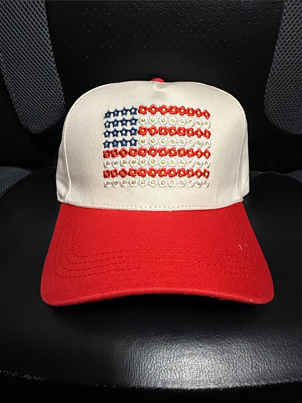 Red & Beige Star-Embroidered USA Flag Trucker Hat